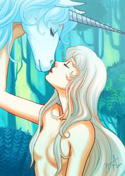 2009 closed_eyes dual_persona equine female hair_over_breasts horn horse human humanized lady_amalthea long_hair nude text the_last_unicorn unicorn watermark white_hair