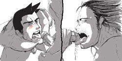 2boys artist_request basch blush cum cumdrip dick_gumshoe facial_hair fellatio final_fantasy final_fantasy_xii gyakuten_saiban human male male_only monochrome multiple_males oral pecs penis sex tagme tongue uncensored yaoi