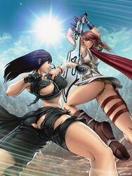 2girls ass blue_hair breasts crossover ecchi-mia eclair_farron female female_only fighting final_fantasy final_fantasy_vii final_fantasy_xiii fingerless_gloves gloves large_breasts legs long_hair multiple_girls panties pink_hair sword thong tifa_lockhart torn_clothes underwear upskirt weapon