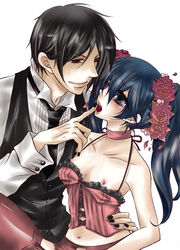 beige_skin black_hair blue_hair blush ciel_phantomhive closed_mouth clothes color eye_contact female hair human kuroshitsuji long_hair looking_at_another male nipples open_eyes open_mouth round_ears rule_63 sebastian_michaelis short_hair white_background