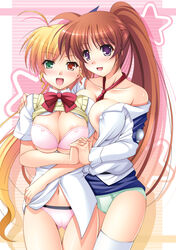 between_breasts blush bow bra breast_press breasts brown_hair color erect_nipples female heterochromia highres huge_breasts lingerie long_hair lyrical_nanoha mahou_shoujo_lyrical_nanoha mahou_shoujo_lyrical_nanoha_strikers mahou_shoujo_lyrical_nanoha_vivid multiple_girls nanoha_takamachi narutaki_shin necktie necktie_between_breasts nipple_slip nipples panties ponytail purple_eyes takamachi_nanoha thigh_gap thighhighs thighs tied_hair underwear vivio yuri