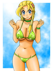 1girls bikini blonde_hair blue_eyes blush breasts cryptobiosis erect_nipples female female_only green_bikini highres history's_strongest_disciple_kenichi large_breasts miu_furinji smile solo swimsuit tsumitani_daisuke