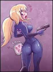 1girls ^_^ arched_back ass ass_biting baby_(metroid) bite biting blonde_hair blue_eyes blush bodysuit border breasts cameltoe closed_eyes clothes cute erect_nipples felarya female female_only from_behind funny gun handgun heart human karbo long_hair looking_back love metroid metroid_(creature) nintendo open_mouth ponytail purple_background samus_aran shiny shiny_clothes skin_tight small_waist solo spandex surprised tear thigh_gap thighs tied_hair weapon zero_suit zero_suit_samus