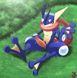 1boy 2015 amphibian anthro blue_skin frog grass greninja hindpaw kivwolf long_tongue looking_away male male_only nintendo nude outdoors paws penis pokemon pokemon_(species) pokemorph red_eyes sheath sitting solo tongue vein yellow_skin