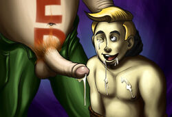 2boys after_fellatio arms_tied artist_request blonde_hair body_markings cum cum_dripping cum_in_eye cum_in_mouth cum_on_chest cum_on_face erect_nipples erection gay ginger_pubic_hair hank_venture holding_head male_nipples one_eye_closed pants_open penis_out pleasure_face pubic_hair sergeant_hatred tagme tied_up topless venture_brothers yaoi