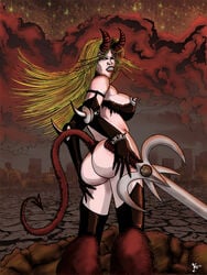 ass bra darkchylde demon_girl devil_tail elbow_gloves horns large_breasts magik_(illyana_rasputin) marvel new_mutants new_x-men straight_hair sword tail thighhighs underwear x-men