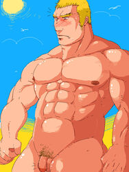 1boy abel abs bara blonde_hair blush capcom circumcised erect_nipples male_only nude pecs small_penis solo_focus street_fighter tagme