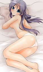 blue_eyes breasts hiiragi_miki long_hair lucky_star lying miki_hiiragi milf on_side panties purple_hair shing_(sorairo_factory) shing_xiang_bei sideboob topless underwear