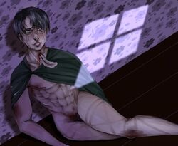 abdomen abs attack_on_titan black_eyes black_hair blood cape dying feathers gore hallway levi_ackerman male moonlight muscles naked night pained_expression pale pale-skinned_male pale_skin pubic_hair sad sad_face shingeki_no_kyojin sitting_on_floor smile stabbed window_light