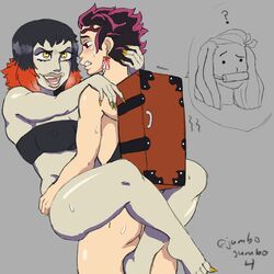 1boy 1boy1girl 1girls bandeau black_hair carrying carrying_partner carrying_position demon_girl demon_slayer female jumbogumbo kamado_nezuko kamado_tanjirou kimetsu_no_yaiba leg_lock leglock male orange_hair red_eyes red_hair sex short_hair straight susamaru two_tone_hair yellow_eyes