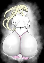 1girls ass ass_focus blonde_hair bubble_butt dat_ass huge_ass looking_at_viewer looking_back original original_character pink_thong seiza shirt staz_art93 striped_socks thong top topwear twintails