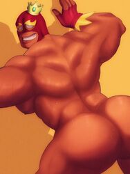 1boy against_wall arched_back back back_muscles back_view bara bara_tiddies bara_tits big_ass big_butt boxers brawl_stars bubble_ass bubble_butt crown dat_ass el_primo_(brawl_stars) erect_nipples fingerless_gloves gay gloves hands_on_wall human human_only looking_at_viewer looking_back male male_focus male_only manboobs mask masked masked_male muscle muscular muscular_back muscular_male naked nipples nude nude_male pecs pectorals red_fingerless_gloves red_gloves red_mask solo solo_focus solo_male sweat sweatdrop sweating sweaty teeth teeth_showing the_king_primo traced