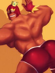 1boy against_wall arched_back back back_muscles back_view bara bara_tiddies bara_tits big_ass big_butt boxers brawl_stars bubble_ass bubble_butt crown dat_ass el_primo_(brawl_stars) erect_nipples fingerless_gloves gay gloves hands_on_wall human human_only looking_at_viewer looking_back male male_focus male_only manboobs mask masked masked_male muscle muscular muscular_back muscular_male nipples pecs pectorals red_boxers red_fingerless_gloves red_gloves red_mask red_underwear solo solo_focus solo_male sweat sweatdrop sweating sweaty teeth teeth_showing the_king_primo traced underwear