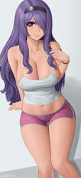 1girls absurdres bangs bare_shoulders blush bracelet breasts camilla_(fire_emblem) camisole cleavage collarbone dolphin_shorts female fire_emblem fire_emblem_fates hair_over_one_eye hairband headband highres large_breasts long_hair looking_at_viewer midriff navel nintendo pink_bottomwear pink_shorts purple_hair short_shorts shorts side_slit sitting sleepwear smile solo tank_top thighs very_long_hair watermark wavy_hair white_camisole white_tank_top white_topwear zaphn