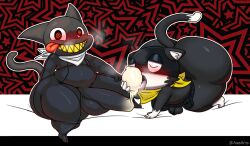 all_fours anthro ass atlus axoarts balls bandana belt beta_design beta_morgana_(persona) big_ass big_butt big_penis black_body black_bodysuit black_clothing black_eyes black_fur black_suit black_tail blush blush_lines bodily_fluids bodysuit closed_eyes clothed clothing condom cum digital_media_(artwork) domestic_cat duo felid feline felis femboy filled_condom fur genital_fluids genitals hi_res huge_ass kerchief licking looking_at_viewer looking_pleasured male male/male mammal mask megami_tensei megami_tensei_persona morgana_(persona) nude pattern_background penis rubber rubber_clothing rubber_suit saliva sega sexual_barrier_device sharp_teeth simple_background sitting skinsuit smile spiral_eyes star-shaped_background suit sweat tail teeth thick_thighs tight_clothing tongue tongue_out tuxedo_cat two_tone_tail white_bandanna white_kerchief white_tail wide_hips yellow_bandanna yellow_kerchief yellow_teeth