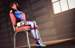 1girls 3d bondage bound chair_bondage d.va female female_only gag overwatch rope_bondage rope_gag skyripe solo tagme tied_up