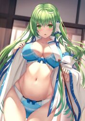 blue_underwear bra frown green_eyes green_hair large_breasts liya midriff open_clothes panties sanae_kochiya thigh_gap touhou underwear