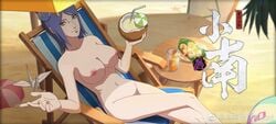 1girls artist_request beach beach_chair blue_hair breasts chair coconut completely_nude crossed_legs drink eyeshadow female female_only holding_object japanese_text konan leaning leaning_back looking_at_viewer lying makeup nail_polish naked naruto naruto_(series) naruto_shippuden nipples on_chair orange_eyes origami paper piercing pussy relaxing sand solo solo_focus text translation_request umbrella