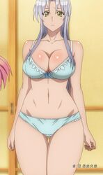 1girls absurdres blue_bra blue_panties blush bra breasts cleavage clothing curvy female female_focus green_eyes highres huge_breasts kiba_mikoto large_breasts legs_together long_hair looking_at_viewer matching_underwear navel panties screencap silver_hair solo standing stitched thick_thighs thighs third-party_edit triage_x underwear wide_hips