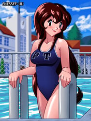 1girls blush brown_eyes brown_hair enessef-uu english_text giselle_(pokemon) lipstick looking_at_viewer pokemon pokemon_(anime) pokemon_rgby pool school school_swimsuit swimsuit text watermark