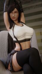 1girls 3d armpits arms_up bare_midriff black_hair blender boots clothed clothed_female clothing elbow_gloves female female_focus female_only final_fantasy final_fantasy_vii final_fantasy_vii_remake fully_clothed high_resolution highres long_hair nonude pose posing red_eyes sitting sitting_on_chair solo stockings strauzek sweat sweating sweaty tank_top thigh_highs thighhighs tifa_lockhart wet wet_skin