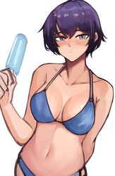 1girls bikini blue_bikini blue_hair blush breasts eye_contact female grey_eyes hand_behind_back holding_object ice_cream large_breasts looking_at_viewer medium_breasts nero_watch persona persona_4 popsicle shirogane_naoto short_hair simple_background skinny solo solo_female tagme tomboy very_short_hair white_background