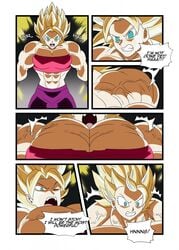 bulky caulifla comic_page commission depraveddefense dragon_ball dragon_ball_super female female_saiyan muscle_growth muscular_female shouting speech_bubbles super_saiyan veiny_breasts veiny_muscles