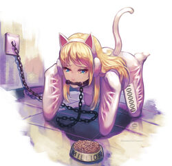 all_fours animal_ears animal_tail bit_gag bitchsuit blonde_hair blue_eyes bondage cat_ears cat_tail chains collar gag gagged girly grazelz headband headgear headwear leather_suit male malesub million_(abc) petplay restrained rubber_suit