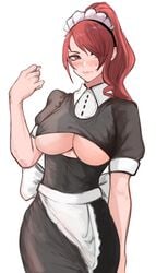 1girls big_breasts blush breasts cleavage cute large_breasts looking_at_viewer maid maid_headdress maid_uniform mitsuru_kirijo nero_watch persona persona_3 red_eyes red_hair shy tagme underboob underboob_cutout