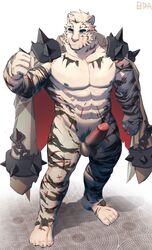 1boy 8da_(29204249) abs animal_ears arknights bara barazoku bare_pectorals bulge erection full_body furry gay highres jacket jacket_on_shoulders large_pectorals male_focus male_only mountain_(arknights) muscular muscular_male navel nipples nude pectorals scar scar_across_eye scar_on_chest scar_on_leg short_hair solo stomach tiger_boy tiger_ears uncensored white_fur white_hair yaoi