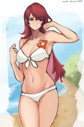 1girls beach big_breasts bikini bra breasts flower hand_on_hair long_hair mitsuru_kirijo nero_watch panties persona persona_3 red_eyes red_hair sand sea tagme thighs white_bikini