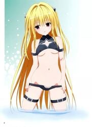 blonde_hair female golden_darkness konjiki_no_yami light-skinned_female light_skin long_hair medium_breasts nipples_visible_through_clothing partially_nude red_eyes to_love-ru to_love-ru_darkness to_love-ru_darkness_2nd underwear_down undressing very_long_hair water