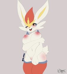 1girls absurd_res anthro big_breasts breasts cinderace cute cute_face eyelashes female female_cinderace female_only female_pokemon hi_res holding_breast long_ears navel nintendo nipples one_eye_closed pokémon_(species) pokemon pokemon_ss red_eyes sarox smile solo solo_female video_games