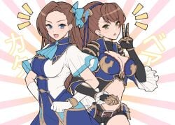 2girls asymmetrical_bangs beatrix_(granblue_fantasy) blue_eyes bracelet breasts brooch brown_hair crossover earrings female female_only granblue_fantasy green_eyes high_collar human jewelry katarina_claes large_breasts ll_0109 locked_arms multiple_girls otome_game_no_hametsu_flag_shika_nai_akuyaku_reijou_ni_tensei_shite_shimatta trait_connection