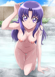 arm_up barefoot breasts closed_mouth collarbone day female full_body hair_between_eyes hair_intakes hanzou happinesscharge_precure! highres hikawa_iona kneeling leaning_forward long_hair looking_at_viewer medium_breasts navel nipples onsen outdoors precure pretty_cure purple_eyes purple_hair pussy shiny shiny_hair small_breasts smile solo straight_hair very_long_hair water