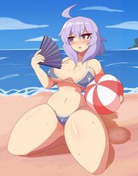 beach blush breasts cameltoe kneeling large_breasts lavender_hair letty_whiterock navel purple_eyes purple_hair sweat swimsuit tagme thick_thighs thighs touhou vadaboob