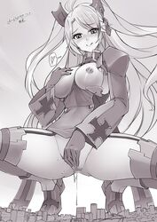 ahoge armpit_cutout azur_lane blush boots breasts breasts_out censored city clothing_cutout commission female garter_straps giant giantess gloves hair_ornament heart highres large_breasts licking_lips long_hair long_sleeves looking_at_viewer masturbation monochrome mosaic_censoring no_panties outdoors prinz_eugen_(azur_lane) self_fondle seo_tatsuya solo spoken_heart thigh_boots thighhighs tongue tongue_out twintails wide_sleeves