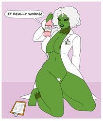 1girls afro areola_slip areolae athorment barely_clothed bimbo bimbofication black_sclera caption dialogue_box female green_skin lab_coat labcoat looking_at_viewer monster_girl plant_girl scientist solo solo_focus tagme taraxacum_(footgroose) thick_thighs wide_hips