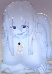 blue_slime cum cum_on_breasts cumming energy_drain enjoying femdom giantess happy huge_breasts inside_creature kazakami_sudare larger_female life_drain long_hair nipples original original_character paizuri sinking slime slime_girl smaller_male sucking