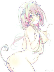 ahoge animal_ears ass blush bouncing_breasts breasts cow_ears cow_horns cow_tail embarrassed eyebrows_visible_through_hair hinako_note horns lactation long_hair march-bunny medium_breasts navel pink_hair plump red_eyes sakuragi_hinako signature sweat tail thighs twintails white_background