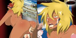 1girls 5boys against_wall artist_name ass ball_gag big_breasts blaise_(artist) bleach blonde_hair blue_markings blush breasts climax colored_eyelashes commentary completely_nude cum cum_in_ass cum_in_mouth cum_in_pussy cum_inside cum_on_face cum_on_hair cum_on_self cum_on_tongue cumdrip cumshot curvy double_penetration ejaculation eyelashes facepaint female female_penetrated gag gangbang green_eyes group group_sex heavy_blush logo long_hair male male/female male_penetrating_female male_with_female moaning multiple_boys multiple_penises naked nude penis penis_grab pussy red_face rolling_eyes shiny shiny_hair shiny_skin shoulder_length_hair sideboob skindentation split_screen text tia_harribel watermark
