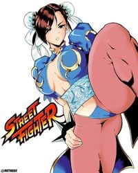 blush breasts brown_eyes brown_hair cameltoe chun-li cleavage leg_up metheox muscular muscular_female navel pantyhose revealing_clothes standing street_fighter tagme thick_thighs thighs