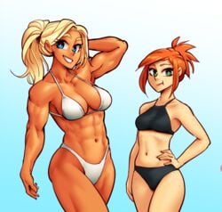 2girls beverly_(nortuet) big_breasts bikini blonde_hair blue_eyes breasts cleavage curvy female female_only green_eyes hi_res lesbians long_hair looking_at_viewer medium_hair multiple_girls muscular muscular_female nortuet nortuet_universe original pose red_hair simple_background small_breasts smile tara_(nortuet) wide_hips