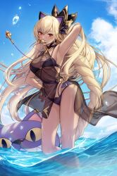 absurdres armpits bare_shoulders belt bikini blonde_hair blush braid breasts brooch cleavage dark-skinned_female dark_skin female granblue_fantasy hair_ornament halterneck helel_ben_shalem highres jewelry ll_0109 long_hair looking_at_viewer medium_breasts pacifier red_eyes see-through solo swimsuit very_long_hair wading wet