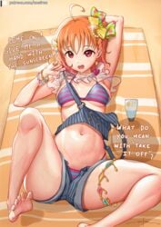 1girls beach bikini english_text love_live! love_live!_sunshine!! orange_hair red_eyes swimsuit takami_chika towel unsfrau