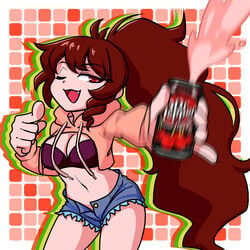 1girls 2021 2d background belly belly_button bra breasts brown_hair coconutbiko dr_pepper dtiys eyelashes eyelashes_visible_through_hair friday_night_funkin girlfriend_(friday_night_funkin) hoodie long_hair looking_at_viewer narrowed_eyes one_eye_closed open_mouth pink_clothing pointing_at_object red_eyes short_jeans smile smiling smiling_at_viewer soda_can soda_exploding tagme teeth tied_hair video_game video_game_character