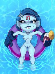 blue_hair blue_skin breasts buckteeth crash_(series) female female_only floatie nina_cortex nude nude_female pussy solo water