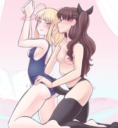 2girls artoria_pendragon blonde blonde_female blonde_hair blonde_hair_female blush blushed blushing couple cute dildo embarrassed embarrassed_female fate/stay_night fate_(series) from_behind henemimi lesbian lesbian_sex medium_breasts multiple_girls red_string small_breasts smile strap-on strapon swimsuit thighhighs tohsaka_rin twintails yuri yurifucker