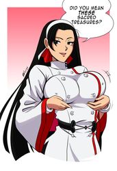 black_eyes black_hair breast_grab chizuru_kagura clothing female king_of_fighters large_breasts long_hair mergeritter provocative smile text voluptuous