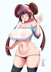 1girls alternate_breast_size alternate_version big_breasts blue_eyes blush breasts brown_hair cap curvy_figure double_bun huge_breasts long_hair nintendo peace_sign pokemon pokemon_bw2 rosa_(pokemon) solo standing thick_thighs thighhighs thong tiger1001 twintails wet_clothes wide_hips